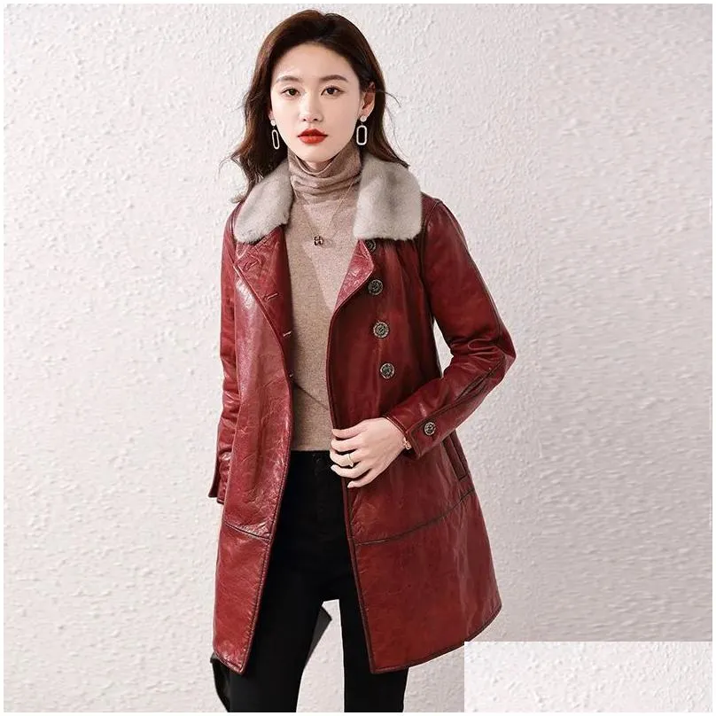 0C463M11 Genuine Leather Jacket Women`s Clothing Mid Length Thickened Jacket Sheepskin Retro Style Looks Slimmer Customized Size