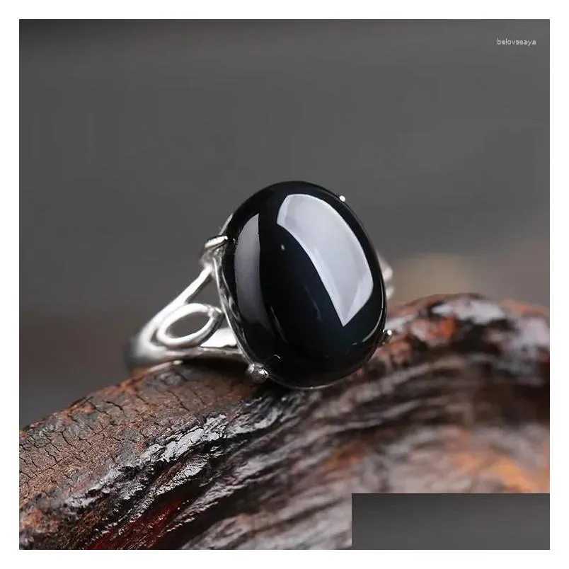 Cluster Rings Natural Obsidian Ring For Men Women Silver Jewelry Fashion Opening Couple Korean Edition Rich And Noble Paired With