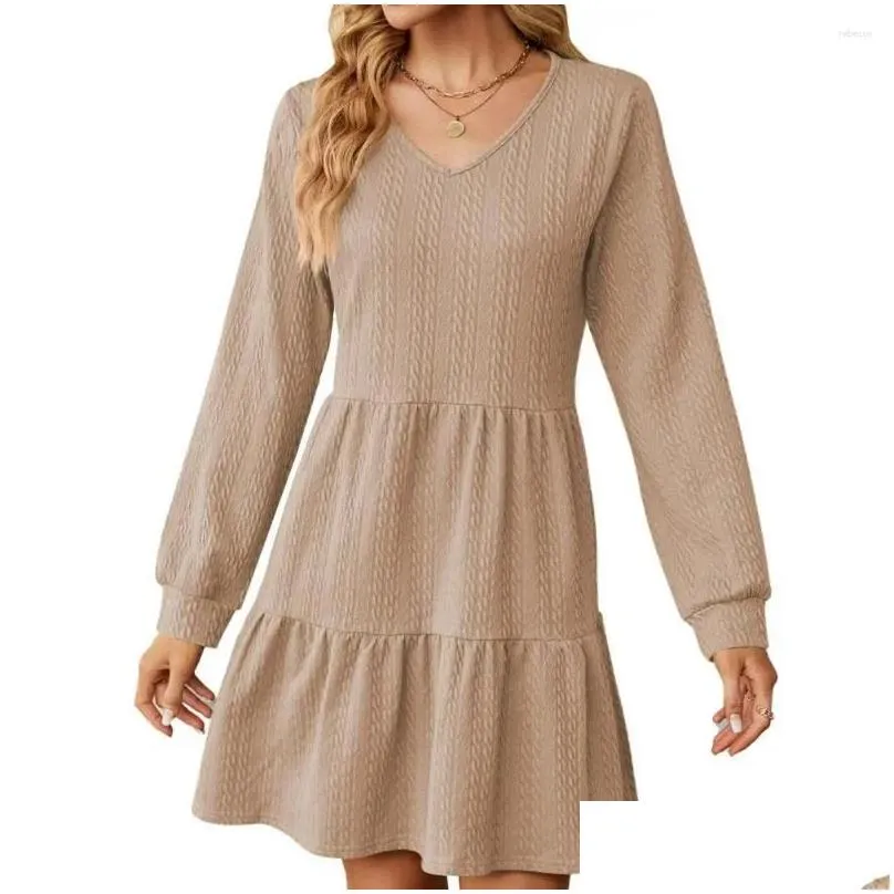 Casual Dresses Women Fall Wainter Dress V Neck Long Sleeve A-line Pleated Big Swing Patchwork Hem Solid Color Soft Above Knee Length