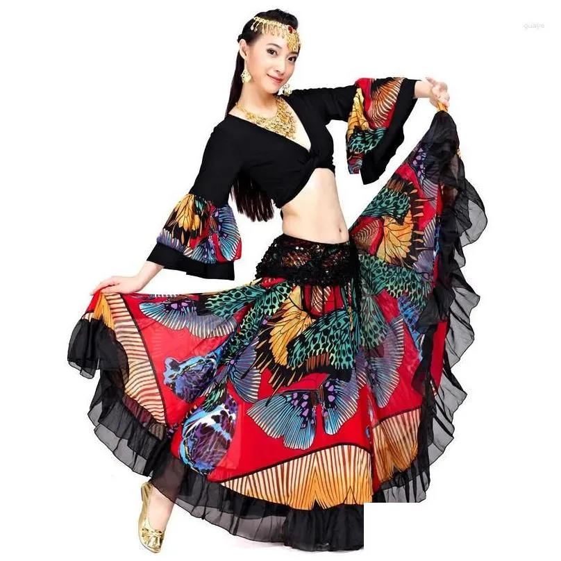 Stage Wear 720 Degree Flower Printed Gypsy Skirt Belly Dance Tribal Clothing Costume Flamenco Clothes Women Dancing Dress