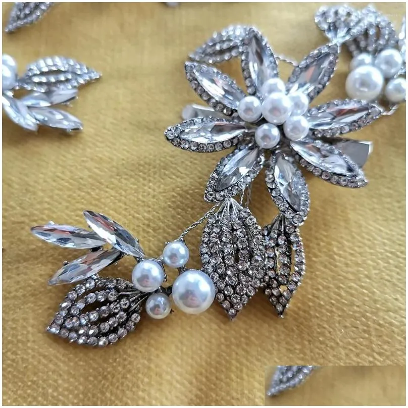 Hair Clips Fashion Flower Leaf Rhinestone Pearl Pin For Women Bride Bling Crystal Accessories Wedding Jewelry