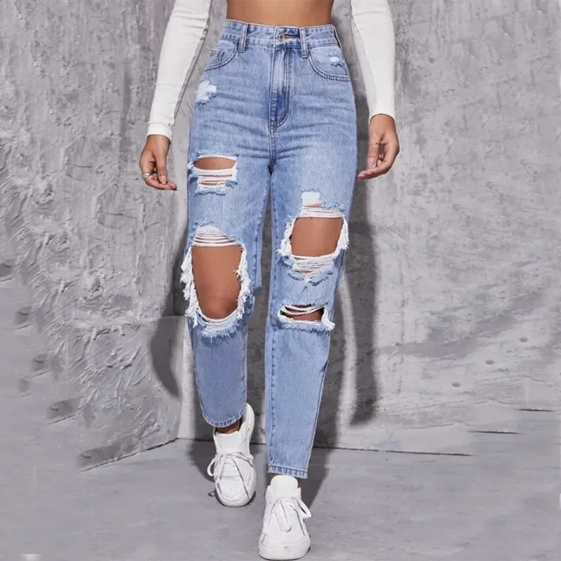 Ripped jeans new style European and American trend washed ripped high waist straight trousers