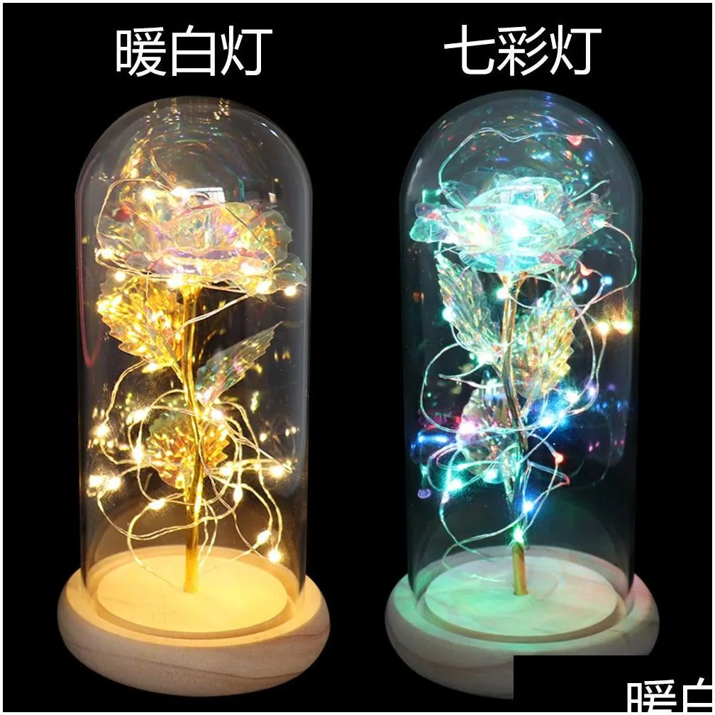 24k gold foil rose glass cover with led light creative valentines day gift decoration 230809