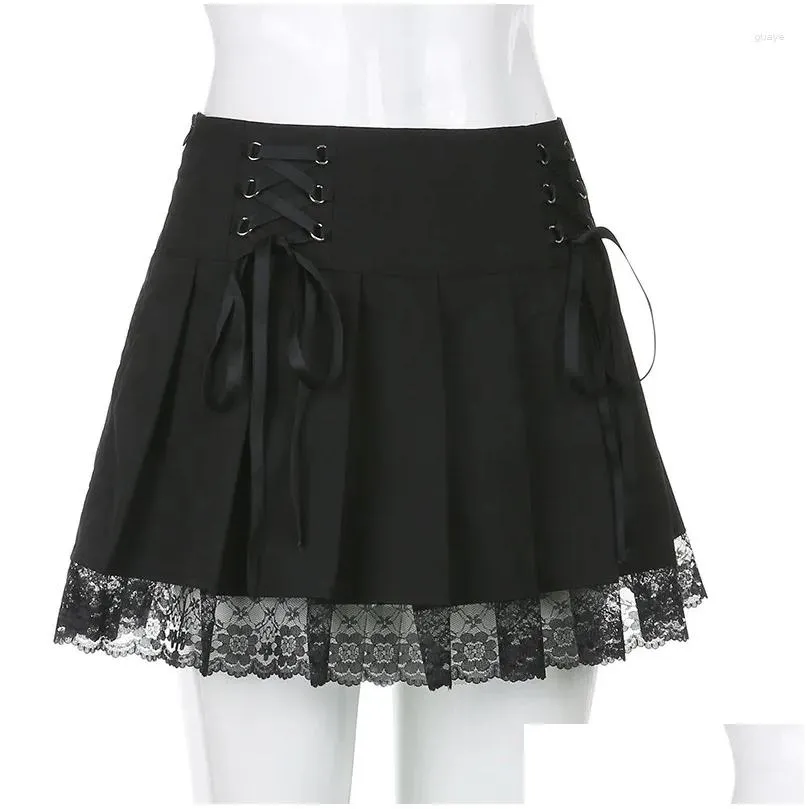 Skirts Gothic Lace Multi-layers High Waist Tie Up Bandage A-line Pleated Skirt E-girl Cute Goth Grunge Vintage Mini Streetwear