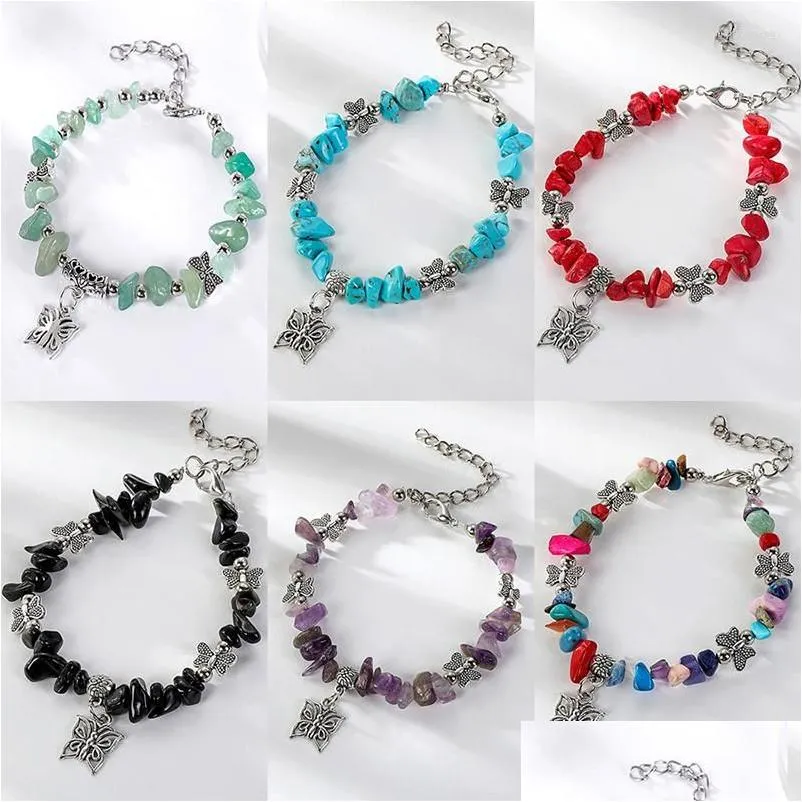 Charm Bracelets 6 Color Irregular Natural Stone Beaded Bracelet For Women Boho Colored Beads Butterfly Pendant Jewelry Gifts