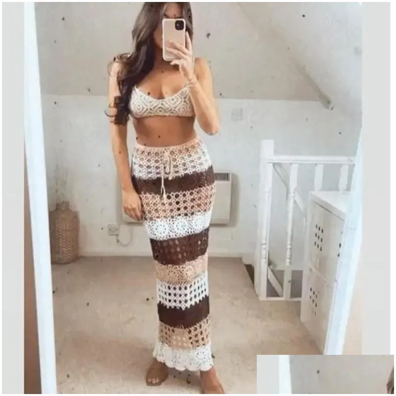 Skirts Dstring Waist Bohemian Cloghet Knitted Long Skirt Women Colors Work Cotton Hollow Out Ladies Summer Drop Delivery Dhuog