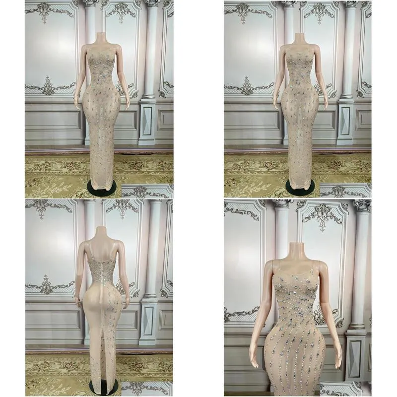 Stage Wear Luxury Gift Crystals Pearls Perspective Evening Celebrate Long Dress See Through Outfit Singer Prom Party Performance