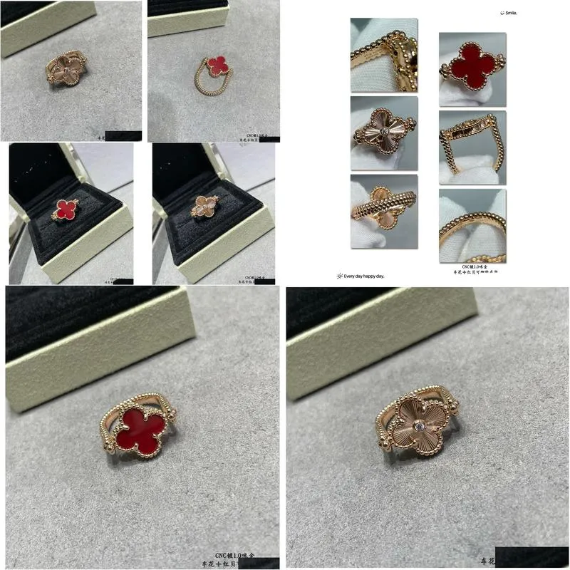 vintage cluster rings van brand designer copper with 18k gold plated red mother of pearl flower four leaf clover charm ring for women with box party
