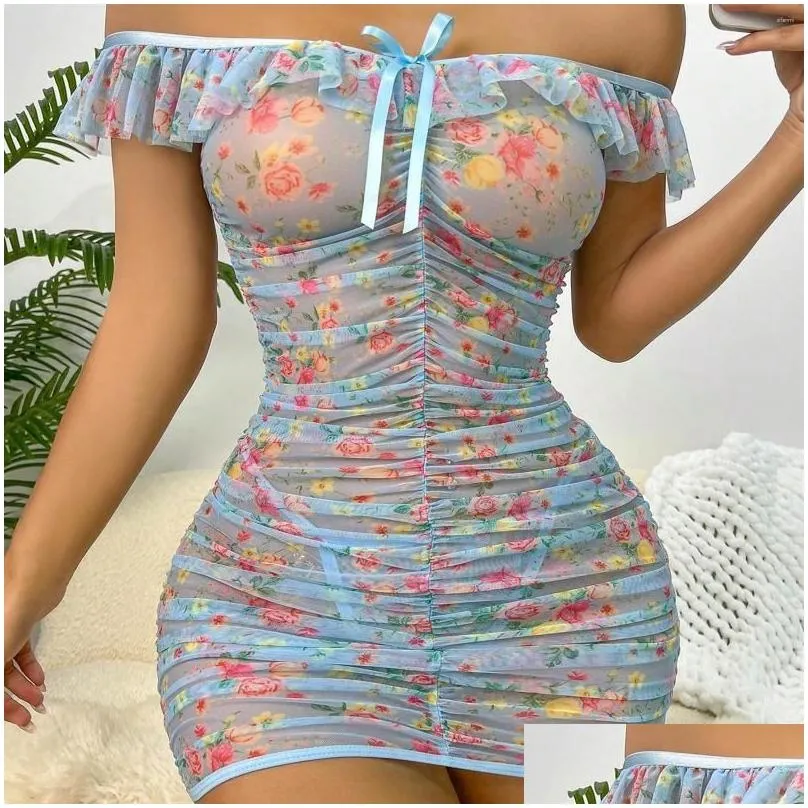 Women`S Sleepwear Womens Fun Underwear See Through Y Flower Mesh Printed Pleated Pajama Dress Set Years Lingerie Push Up Drop Deliver Dhk3Q