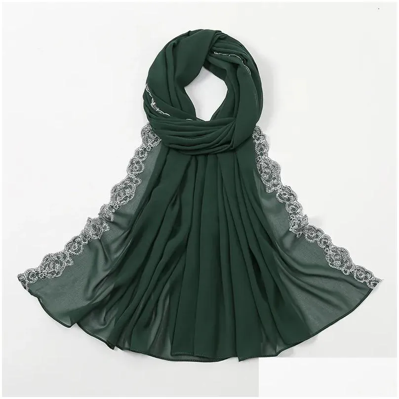 Scarves Muslim Lace Turban Women Hijab Chiffon Scarf For Fashion Islam Headscarves Bubble Heavy Solid Color Shawls Drop Delivery Dha6W