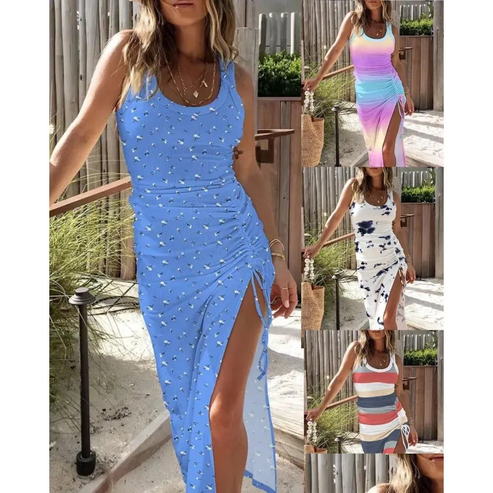 Women Sleeveless Spring Summer Dress Bodycon High Waist Party Sexy O Neck Drawstring Slim Skinny Printed 240323