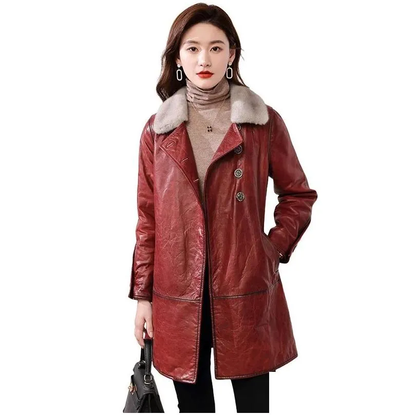 0C463M11 Genuine Leather Jacket Women`s Clothing Mid Length Thickened Jacket Sheepskin Retro Style Looks Slimmer Customized Size
