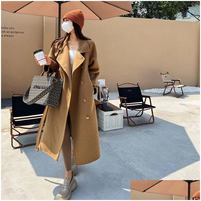 0C43M703 Autumn and Winter Women`s Coat Double sided Cashmere Loose Coat Medium length Single breasted Thick Wool