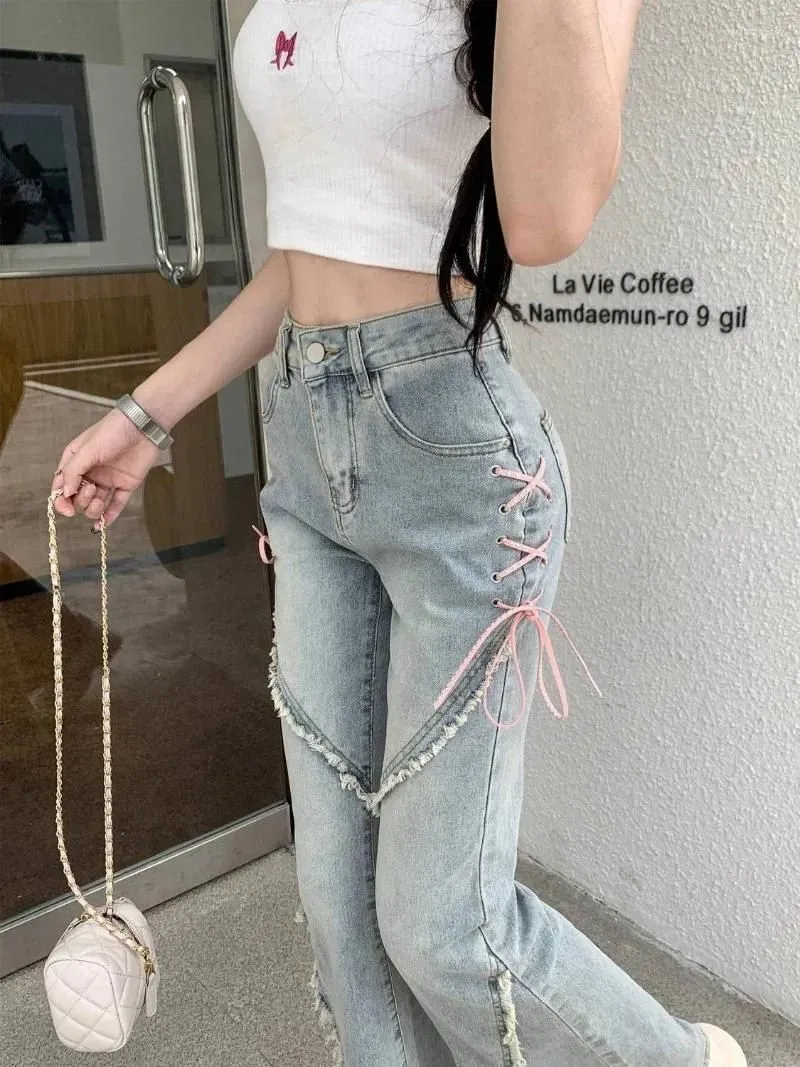 Women`s Jeans American Split Women Pink Bandage High Waist Irregular Spliced Denim Pants Zipper Trousers Y2k Pantalon Femme 2024