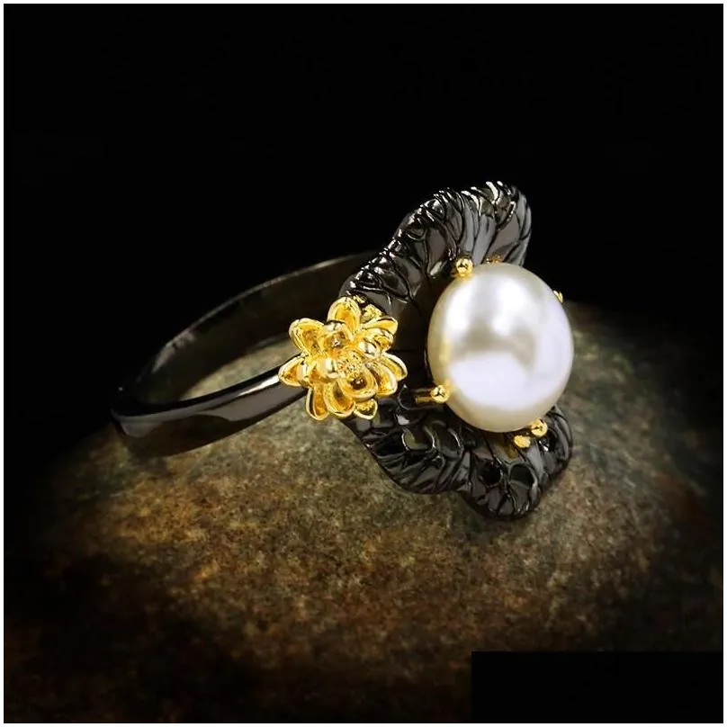 Wedding Rings Vintage Female White Pearl Thin Ring Classic 14KT Black Gold Luxury Bridal Flower Engagement For WomenWedding