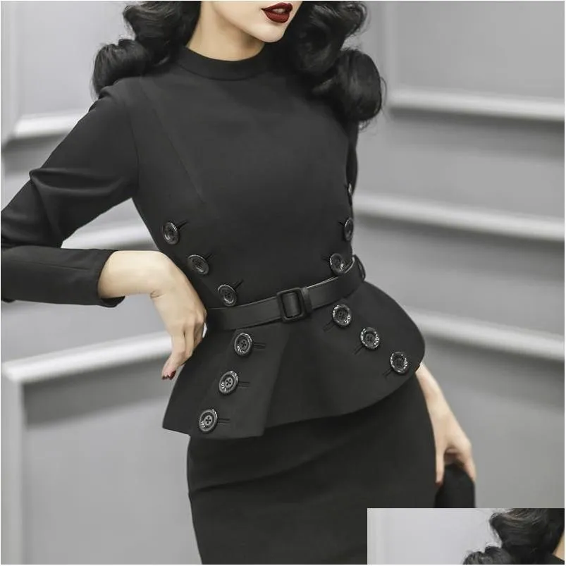 Casual Dresses 40- Women Vintage 50s Elegant Long Sleeve Peplum Wiggle Pencil Dress In Black Pinup Vestidos Plus Size Jurken