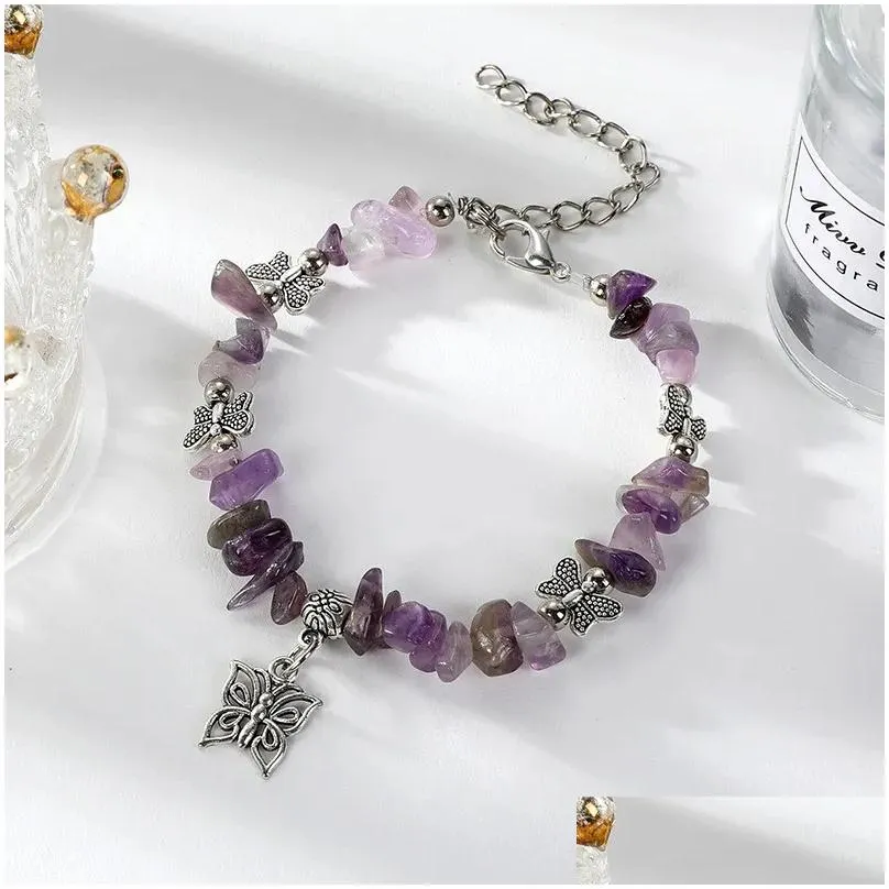 Charm Bracelets 6 Color Irregular Natural Stone Beaded Bracelet For Women Boho Colored Beads Butterfly Pendant Jewelry Gifts