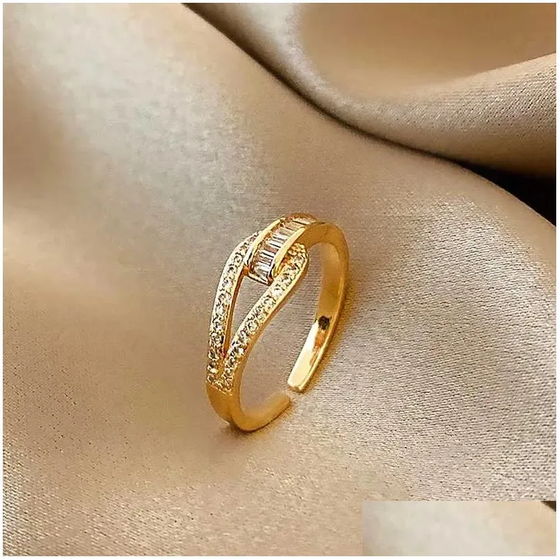 Cluster Rings Trendy Fine 14k Real Gold Personalized Geometric Design Opening For Women Adjustable High Jewelry Bling Zircon