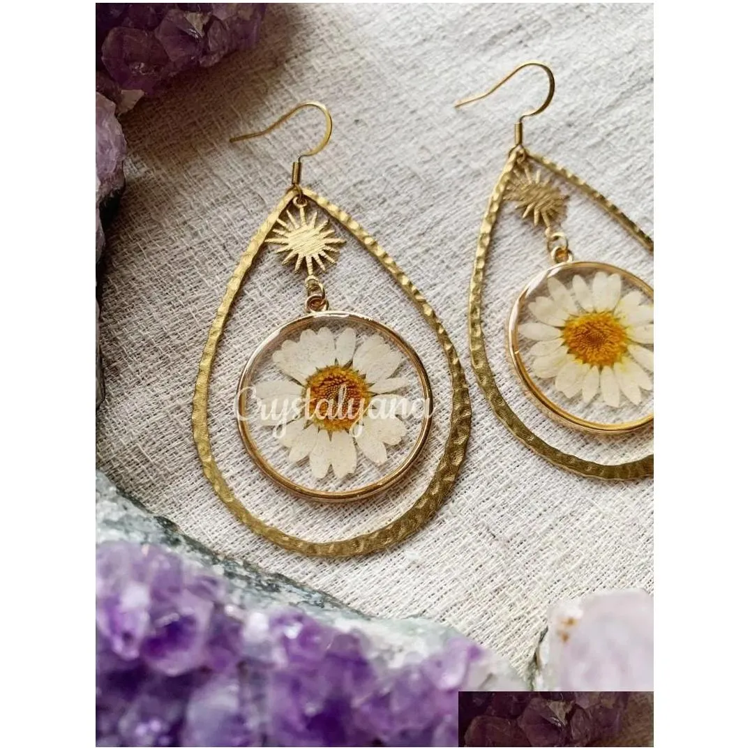 Dangle Earrings Sun Daisy Plant For Women Girl Fashion Bohemian Jewelry Accessories Retro Gold Color Dried Flower Ear Hook Gift Her