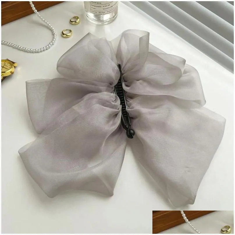 Hair Clips Chiffon Bow Banana Clip High Grip Female Vintage Vertical Claw Top Headdress 2023