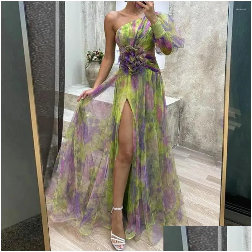 Casual Dresses Sexy A-line Evening Gown Elegant Formal Party Dress One Shoulder Tie-dye Ball With Mesh Bubble Sleeve Split Hem