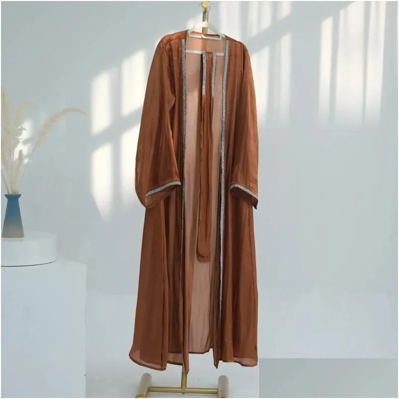 Ethnic Clothing Shiny Kimono Abaya Dubai Solid Soft Satin Fix Rhinestone Tape Trim Belted Cardigan Robe Woman Corban Eid Ramadan 2024