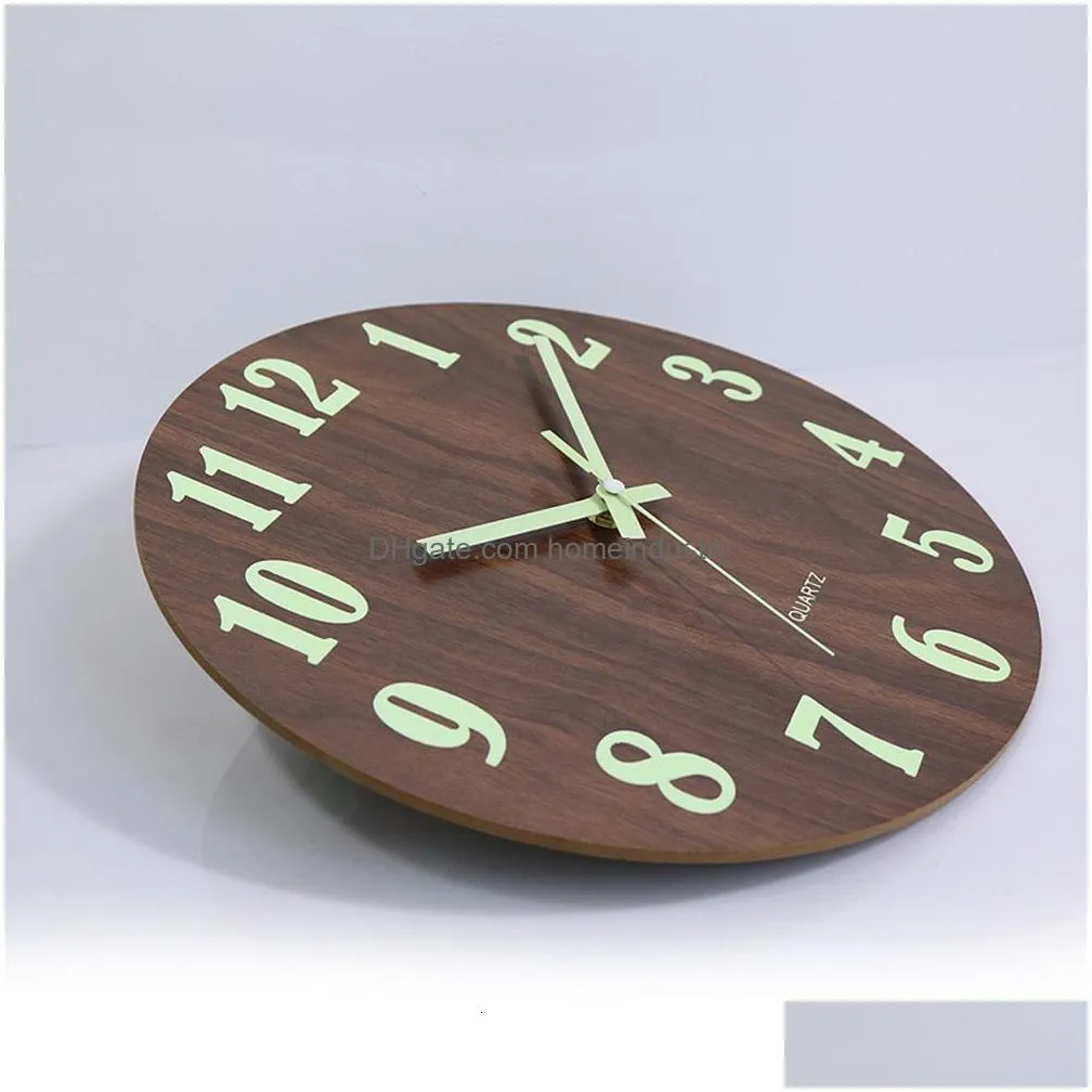 Wall Clocks 12 Inch Luminous Wood Silent Light In Dark Night Nordic Fashion Non Ticking With 230504 Drop Delivery Dhfez