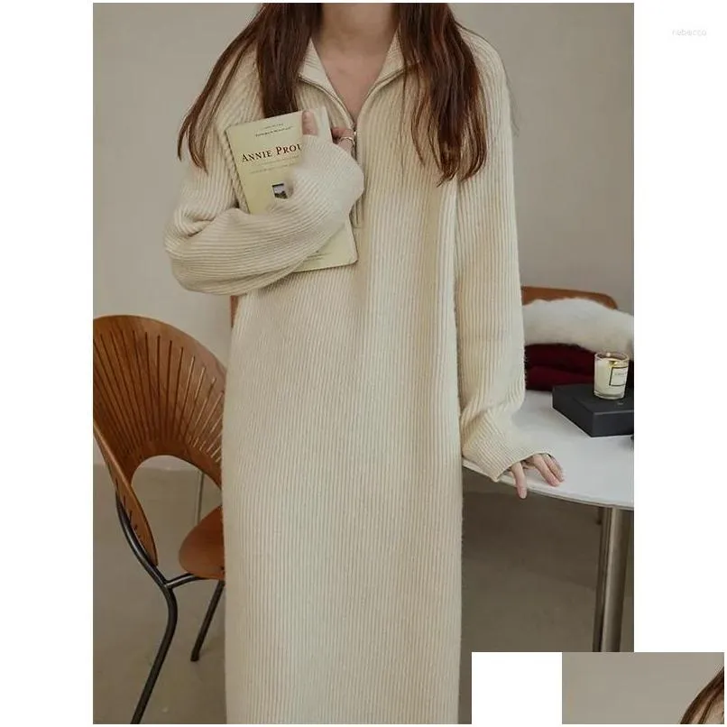 Casual Dresses Women`s Midi Knitted Dress Fall Winter Loose Lapel Thickened Long Sleeve Sweater