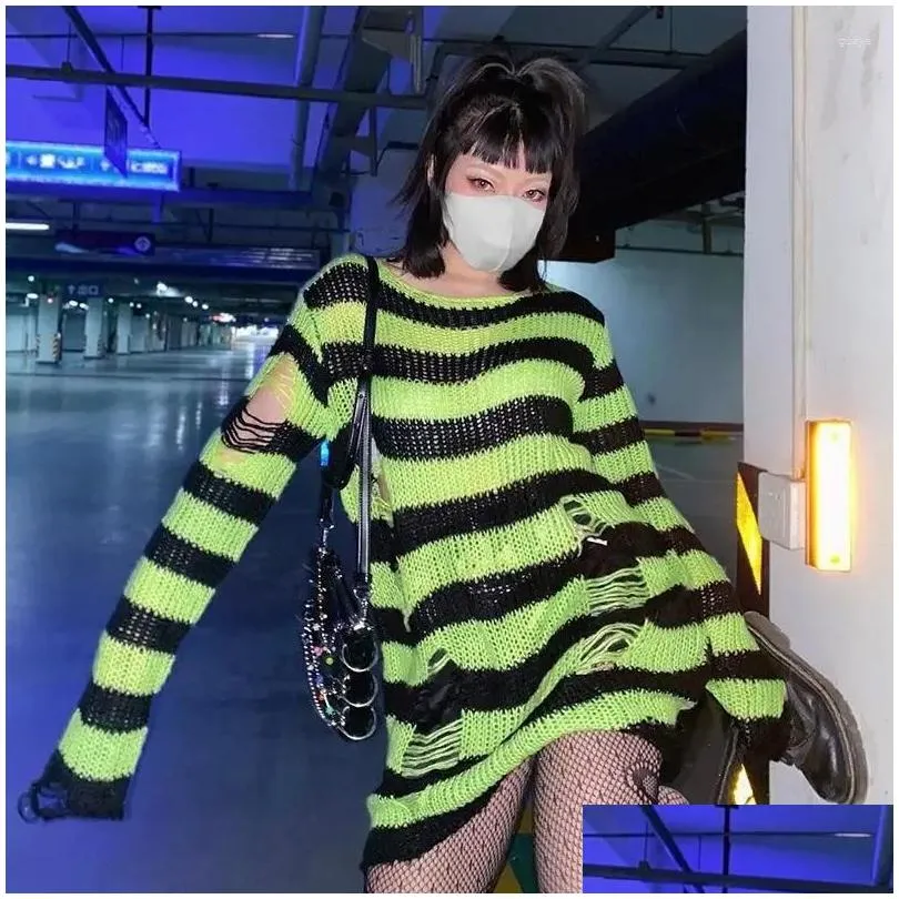 Women`s Sweaters Women Sweater Gothic Punk Striped Knitted Jumper Loose Hollow Out Female Long Pullover Mujer Harajuku Streetwear