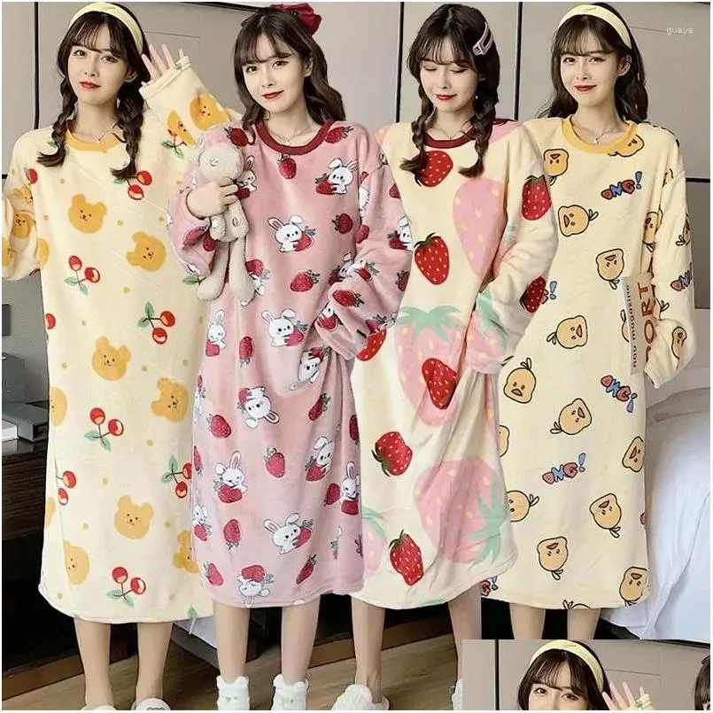 Women`s Sleepwear Winter Long Sleeve Print Thick Warm Flannel Nightgowns For Women Dress Coral Velvet Nightdress Night Nighty