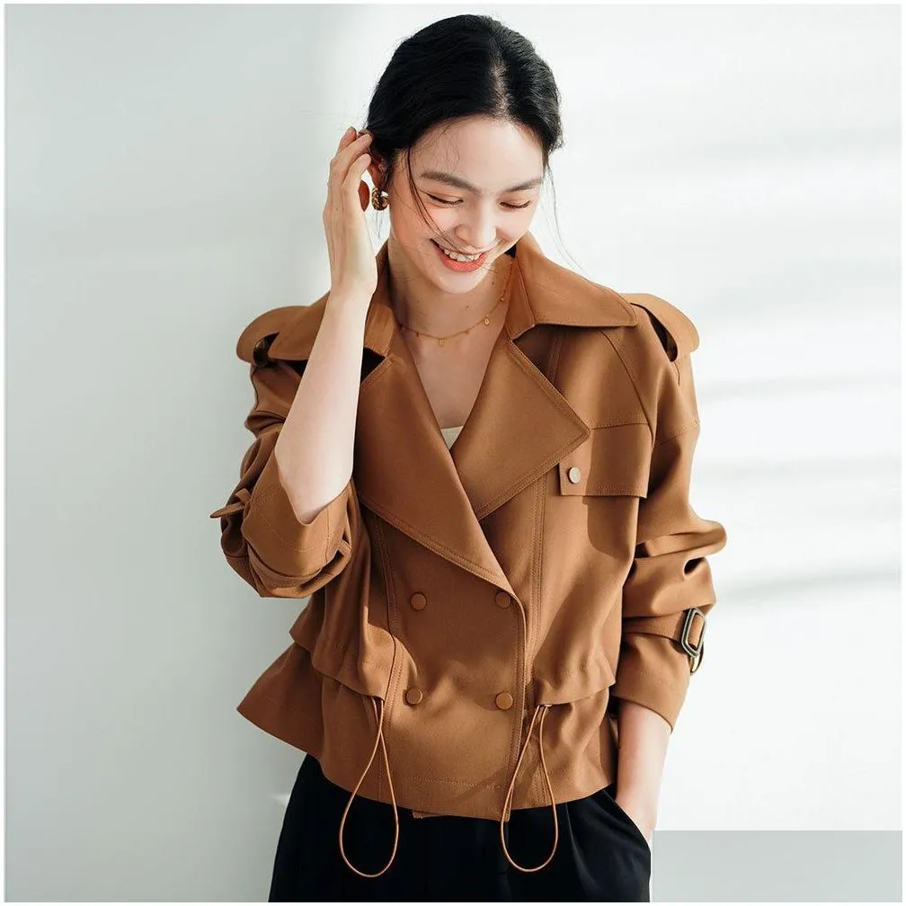 OC412N21 English Style Spring Women`s Coat Short Commuting Trench Coat Loose and Fashionable