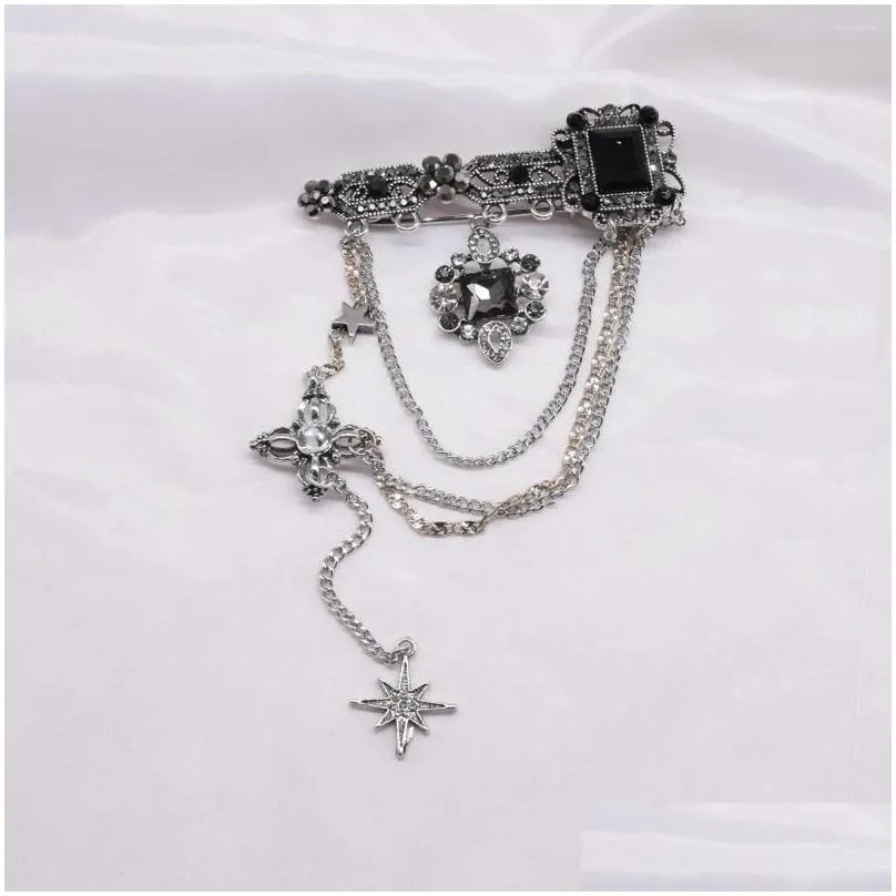 Brooches Ins Gothic Dark Black Cool Shiny Rhinestone Pentagram Tassel Exquisite Brooch For Women Men Vintage Aesthetic Female