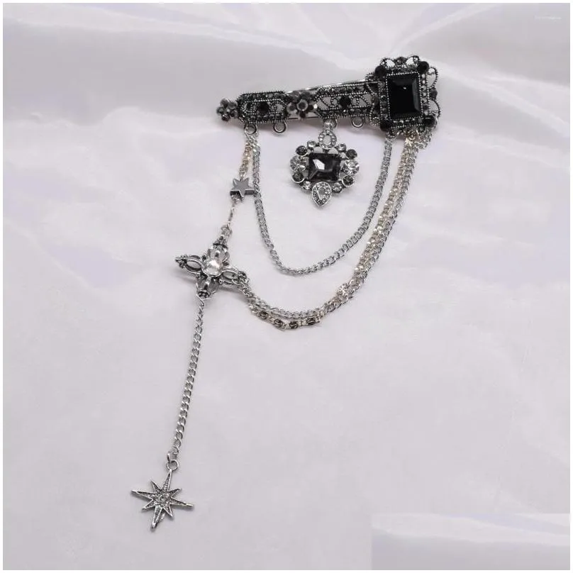 Brooches Ins Gothic Dark Black Cool Shiny Rhinestone Pentagram Tassel Exquisite Brooch For Women Men Vintage Aesthetic Female