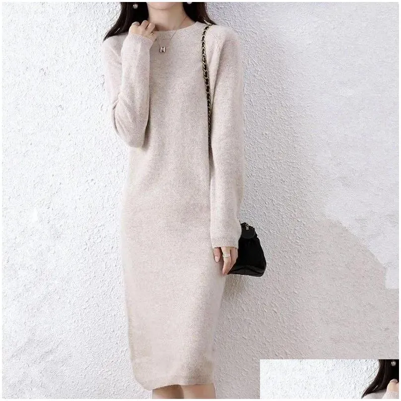 Women`s Sweaters Autumn And Winter Round Neck Cashmere Dress Women Long Over The Knee Sweater Loose Thin Wool Knitted Bottoming Shirt