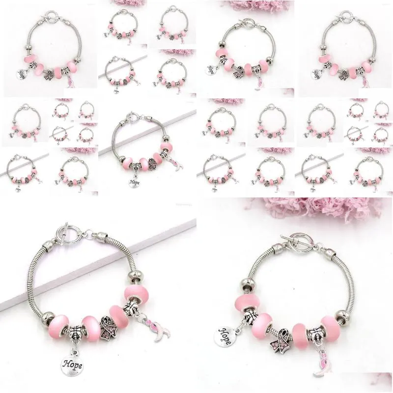 Charm Bracelets 1PC Breast Cancer Bracelet T-bar Toggle Clasp Hope Pink Ribbon Charms Bangle&Bracelet For Awareness Pulsera