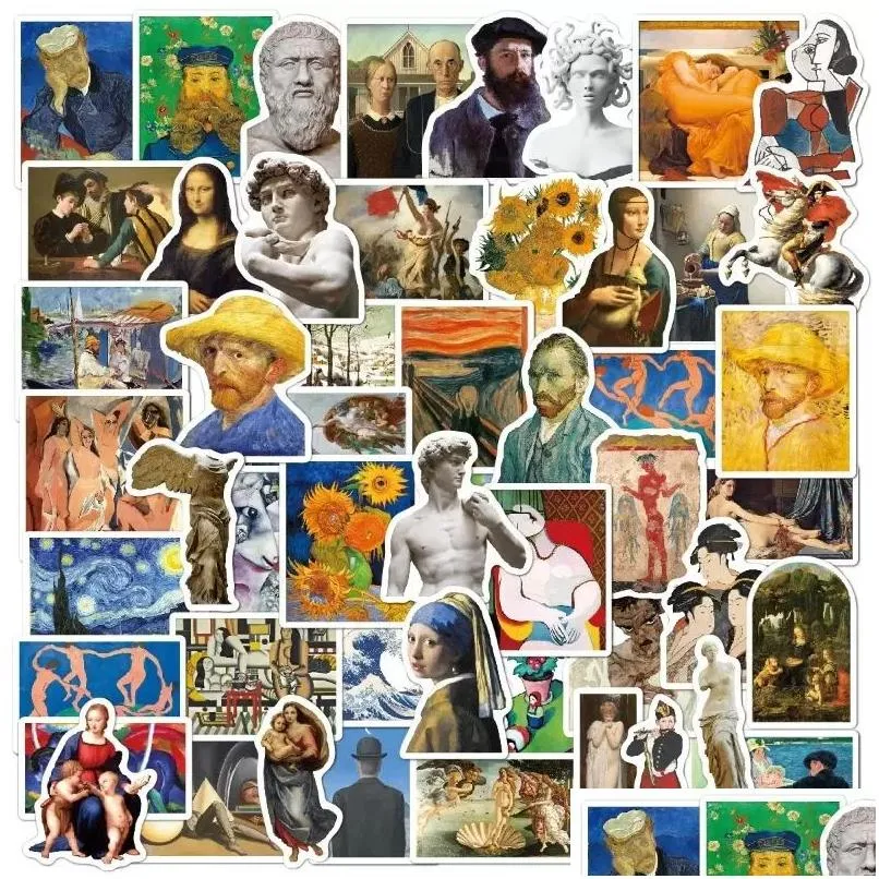 52PCS Classical Oil PaintingArt sticker Van Gogh Mona Lisa Stickers Matisse Style Art Graffiti Stickers Pack For Moto Car Suitcase Laptop Decals