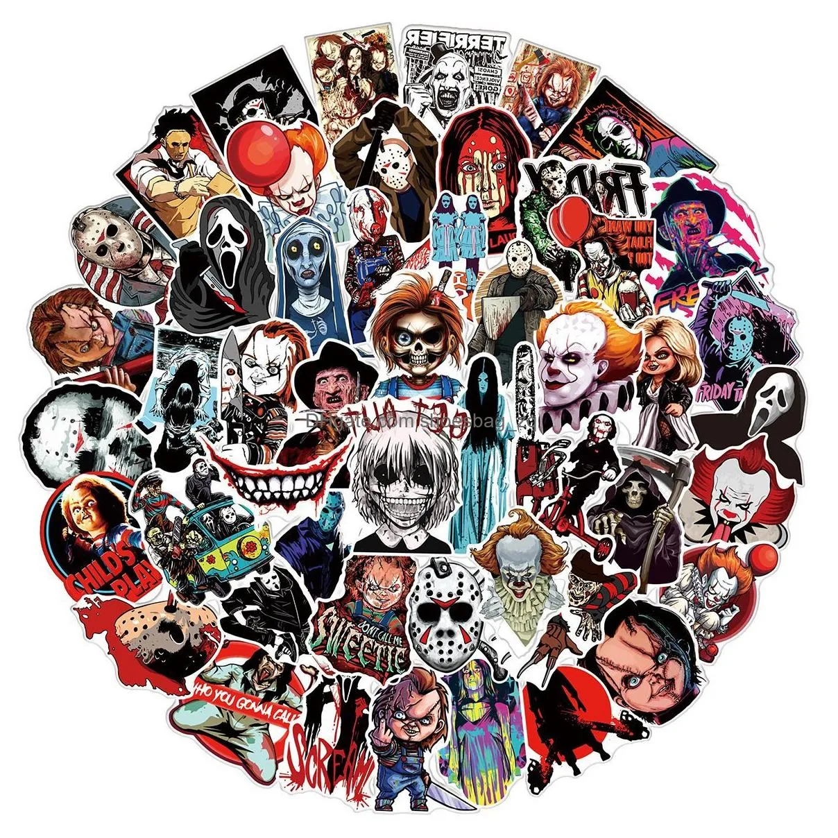 51PCS Halloween Horror film characters Thriller Killer Stickers Graffiti Kids Toy Skateboard car Motorcycle Bicycle Sticker