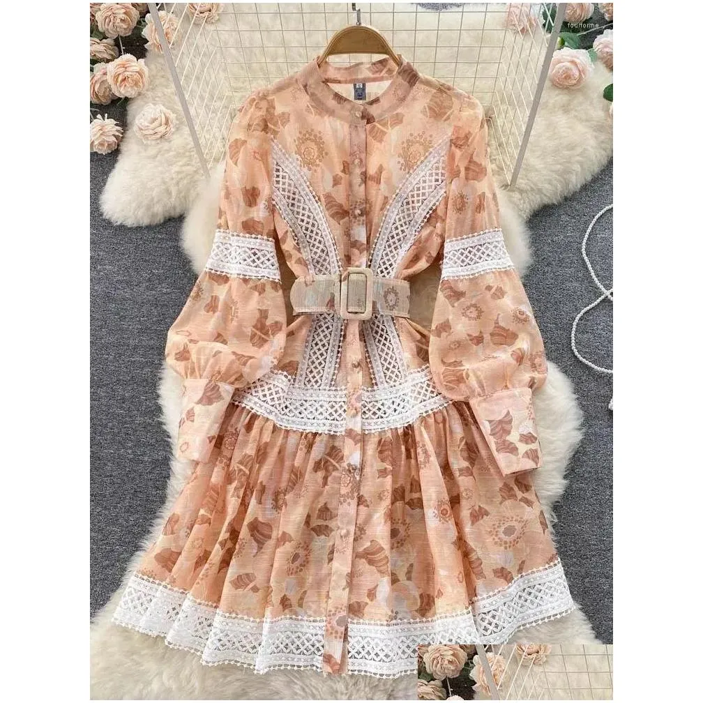 Basic & Casual Dresses Women Single Breasted Lantern Sleeve Floral Print Belt Vestidos 2023 Fashion Embroidery Lace Hollow Out Stitch Dhdrz