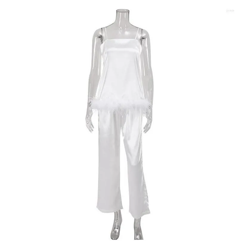 Women`s Sleepwear Women Satin Pajamas Sets White Feathers Ladies Trouser Suits Sexy Spaghetti Strap Casual Home Suit Cami Pants