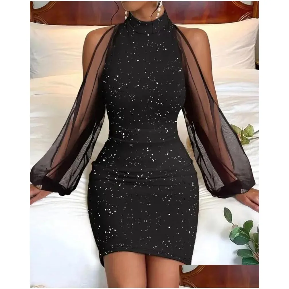 Casual Dresses Ladies Autumn/Winter Round Collar Lace Stitching Elegant Long-sleeved Dress Tunic Solid Color Sling Party Bodycon