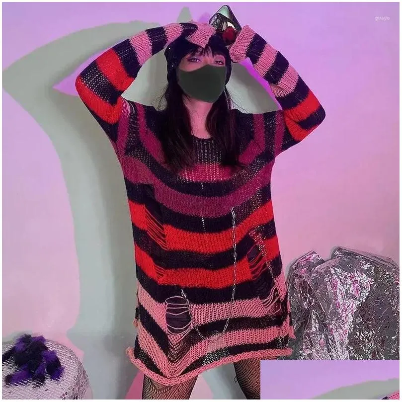 Women`s Sweaters Women Sweater Gothic Punk Striped Knitted Jumper Loose Hollow Out Female Long Pullover Mujer Harajuku Streetwear