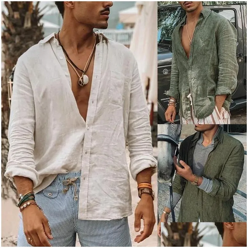 Men`S Dress Shirts Mens Vintage Solid Color Linen For Men Casual Long Sleeve Loose Tops Short Blouse Shirt Male Streetwear 2022 Plus Dhn9L