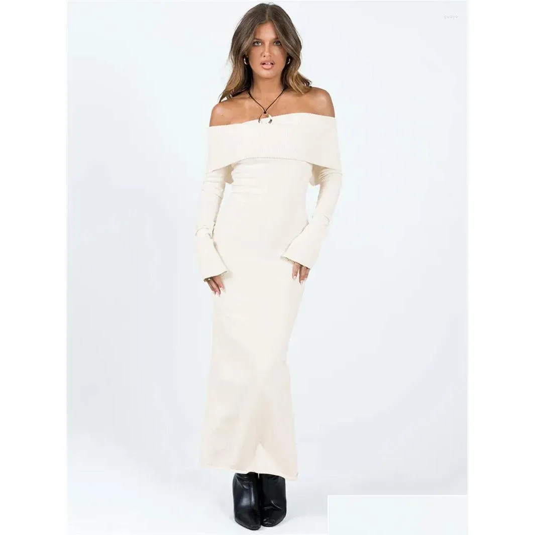Casual Dresses Hirigin Women Off-Shoulder Dress Solid Color Slit Hem Long Sleeve Knitted Party For Beach Cocktail Club Streetwear
