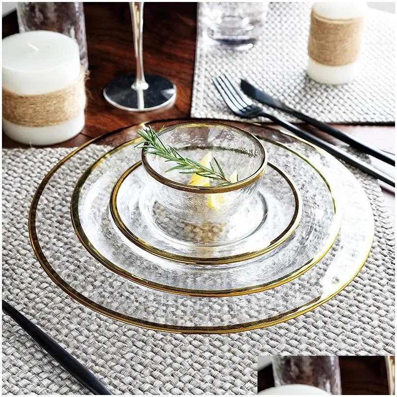 dishes plates luxury gold inlay glass dinner plate salad bowl serving cake snack dish dessert 230826