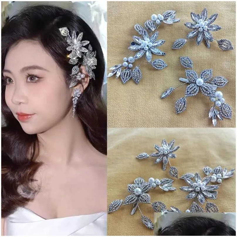 Hair Clips Fashion Flower Leaf Rhinestone Pearl Pin For Women Bride Bling Crystal Accessories Wedding Jewelry