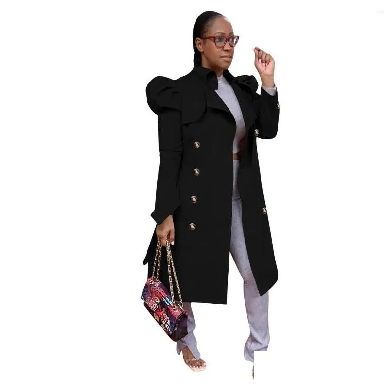 Women`S Trench Coats Womens Khakuble Breasted Classic Women Coat Elegant Long Puff Sleeve Loose Windbreaker High Street Female Slim Dr Dhwbj