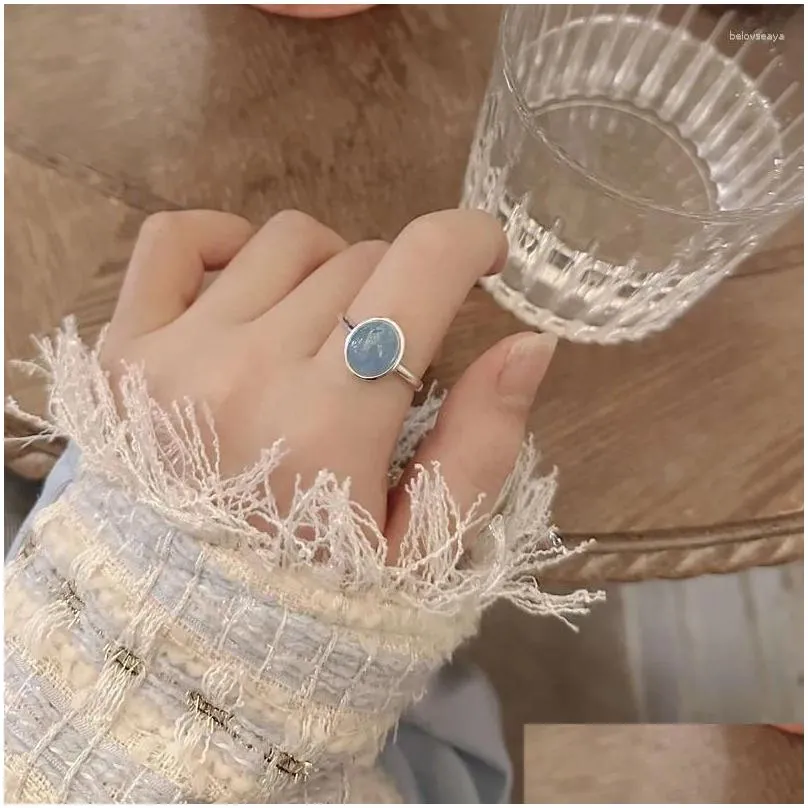 Cluster Rings Natural Aquamarine Women S925 Sterling Silver Oval Crystal Gem Ring Female Luxury Jewelry Girl Party Banquet Gift