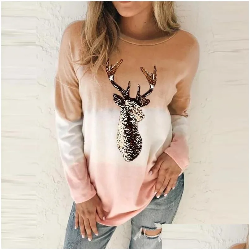 Women`S Blouses & Shirts Fashion Christmas Elk Print Blouse Tie Dry Plus Size Casual Winter Ladies O-Neck Tops Women Long Sleeve Shir Dhtgc