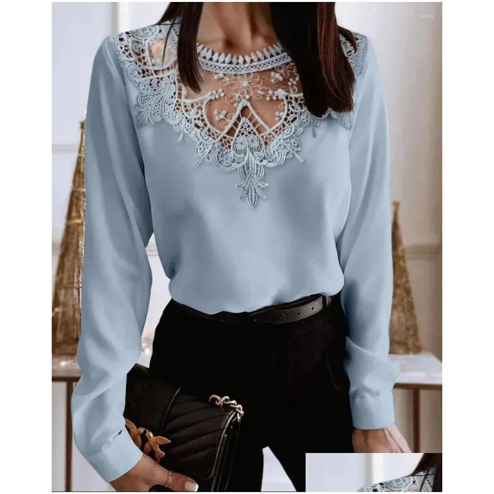 Ethnic Clothing Spring Long-sleeved Solid Color Lace Round Neck Elegant Slim Fit Shirt For Women`s Office And Comfortable Top