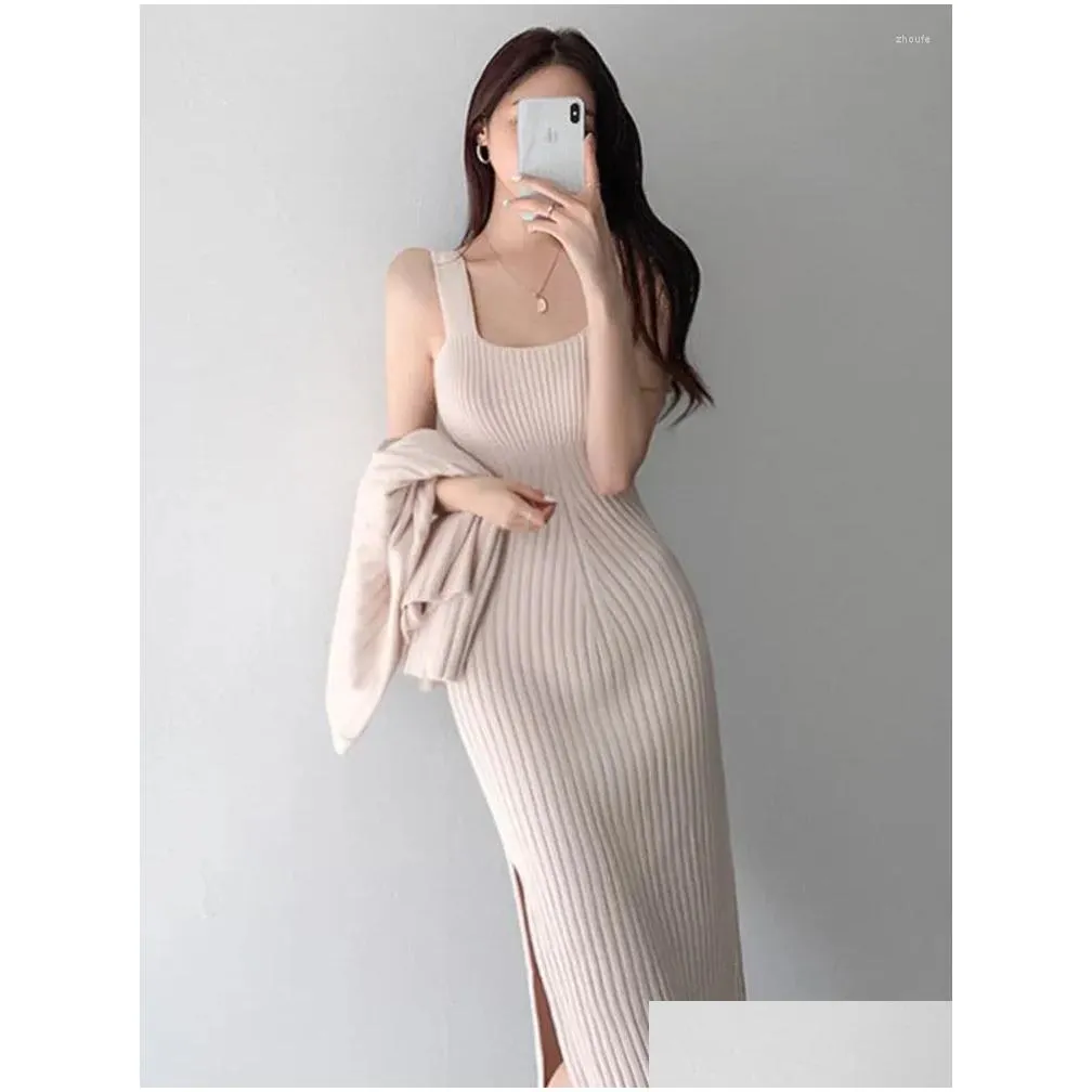 Work Dresses Women Knitted Cardigan And Dress Suits Long Sleeve Knit Coat Strap 2 Piece Female Autumn Sweater Set